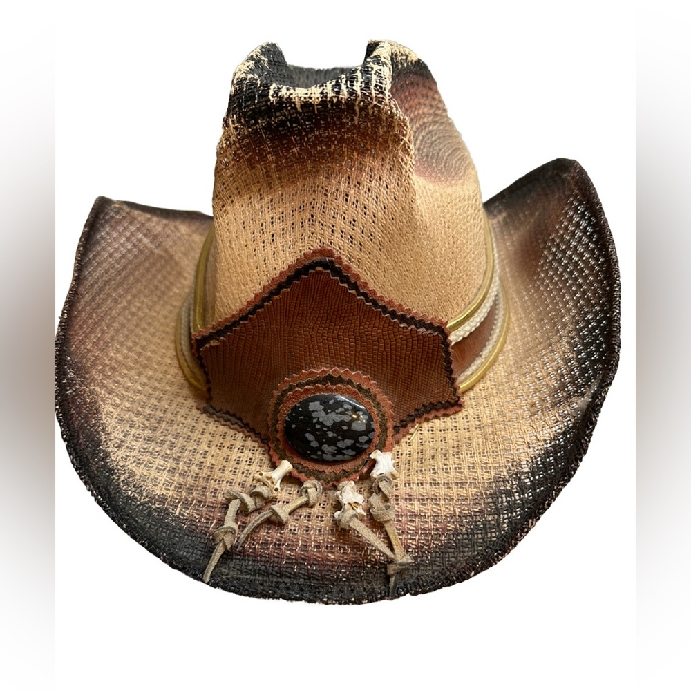 Vintage Double S Hat Men Cream Black Western Cowboy Straw Hat 7 1/4 Mexico